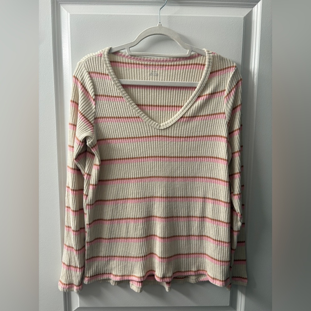 American Eagle Pink and Cream Ribbed Top